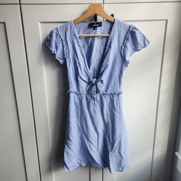 Lulus Seaport Blue White Stripe Tie Front Mini Dress Small - Picture 5 of 12